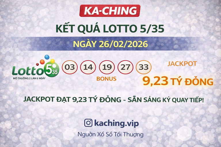 Kết quả xổ số Việt Nam Lotto 5/35 ngày 26 tháng 2: Kết quả quay số đầy đủ và chi tiết giải thưởng.