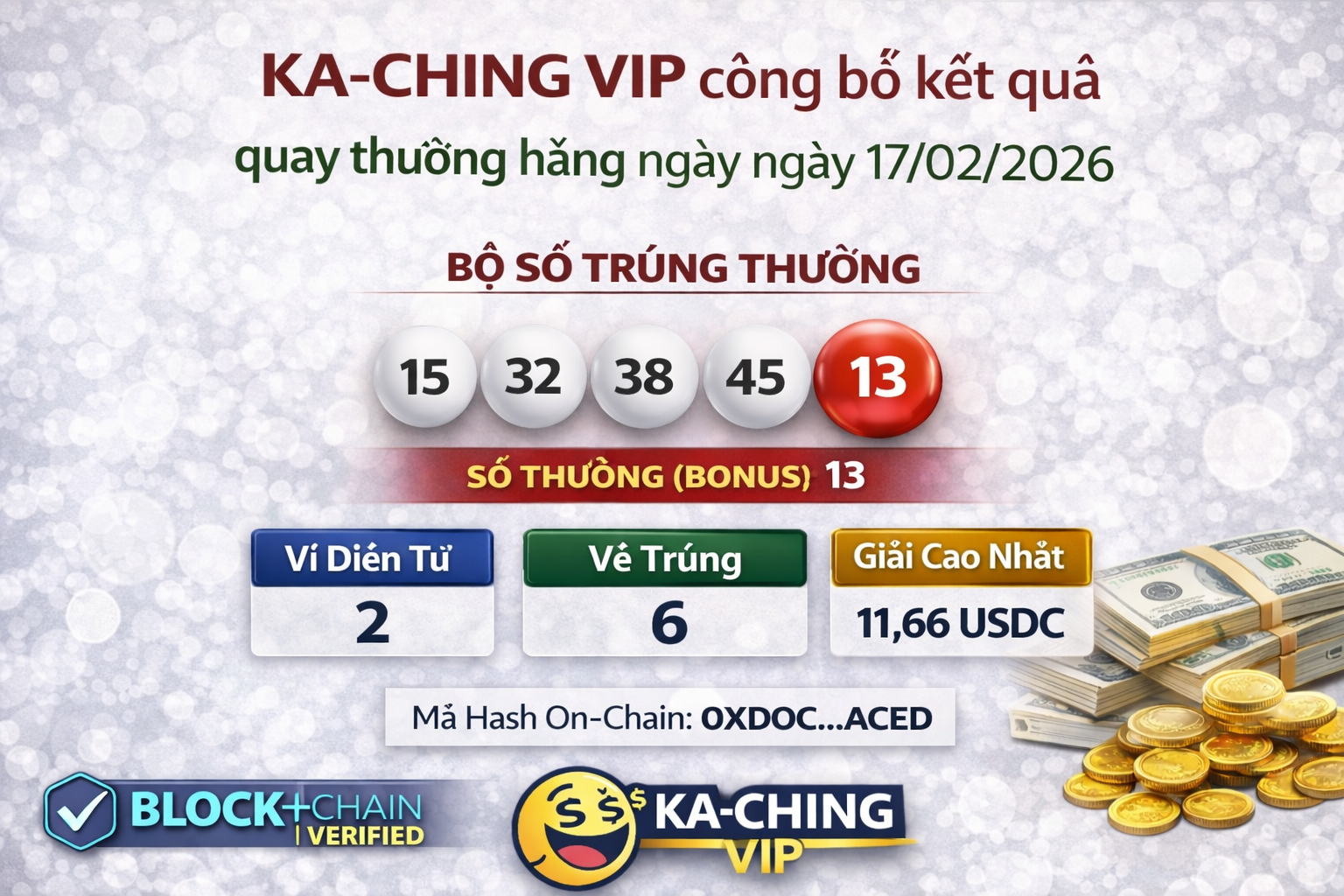KACHING VIP thông báo kết quả quay số hàng ngày 17 tháng 2 năm 2026.