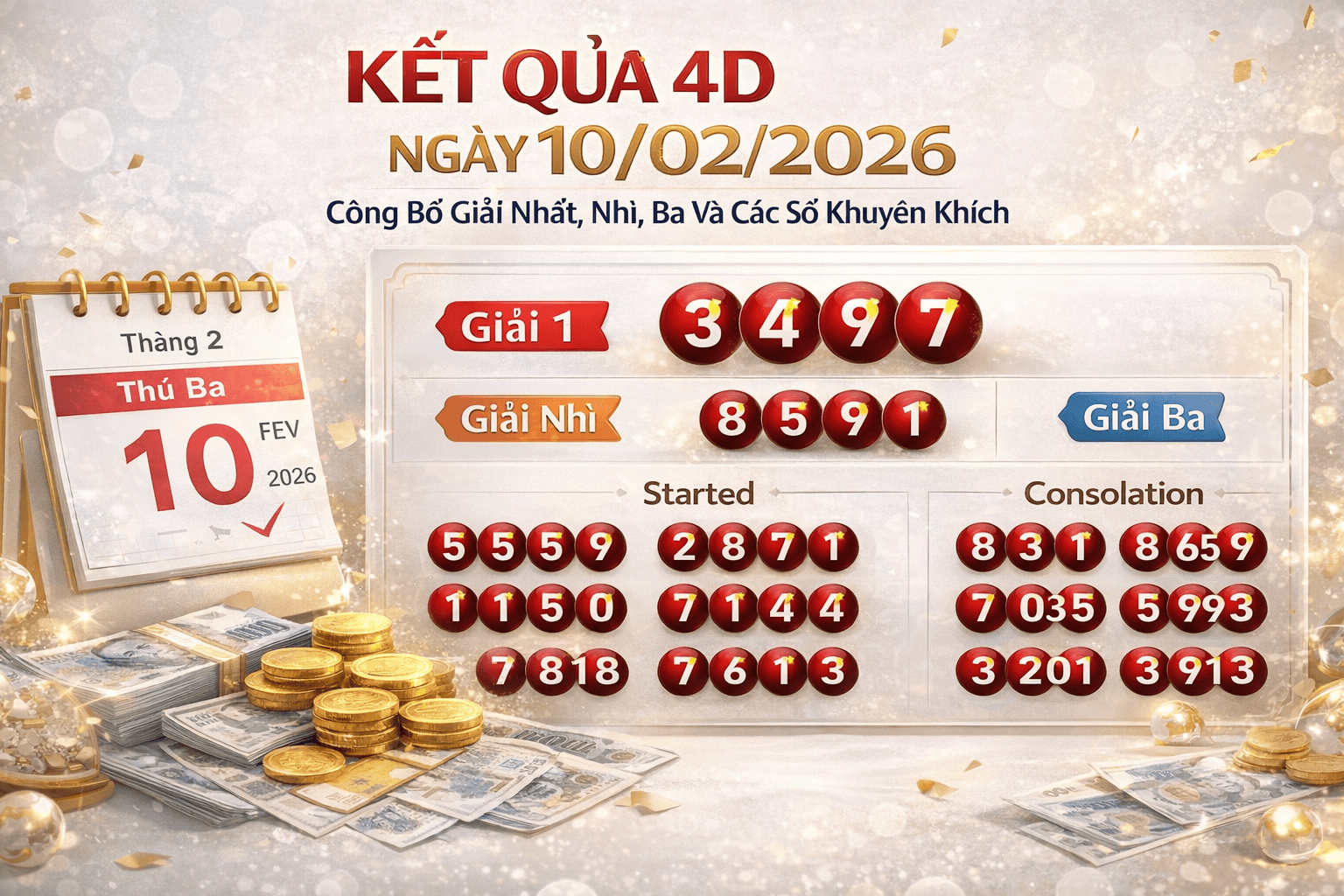 Kết quả xổ số 4D ngày 10 tháng 2 năm 2026: Thông báo giải Nhất, Nhì, Ba và các giải Khuyến khích.