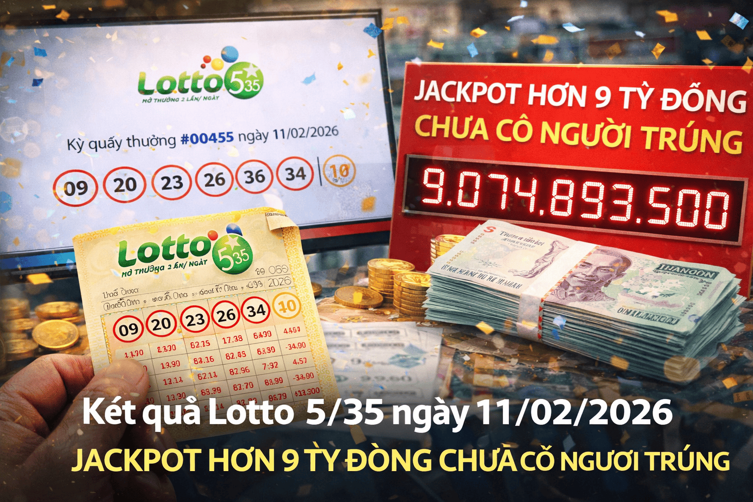 Kết quả xổ số Việt Nam Lotto 5/35 ngày 11 tháng 2 năm 2026 đã được công bố: Giải độc đắc 9 tỷ VND vẫn chưa có người trúng