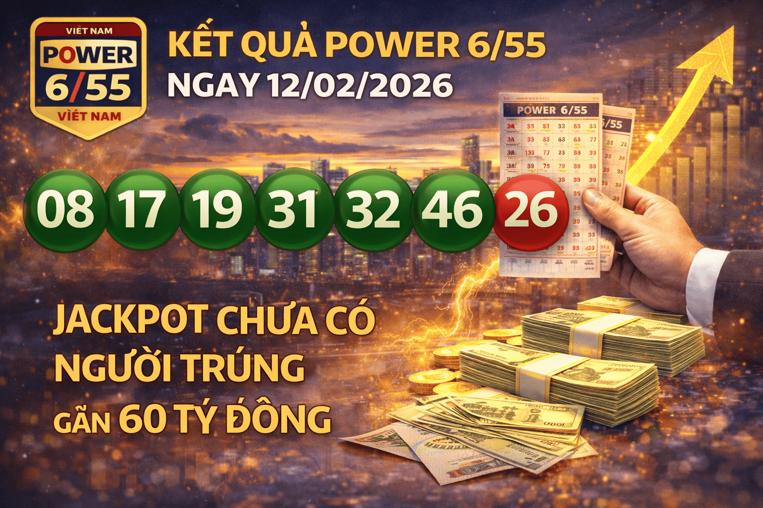 Kết quả xổ số Power 6/55 Việt Nam ngày 12 tháng 2 năm 2026: Chưa có người trúng Jackpot, giải thưởng tiếp tục tăng