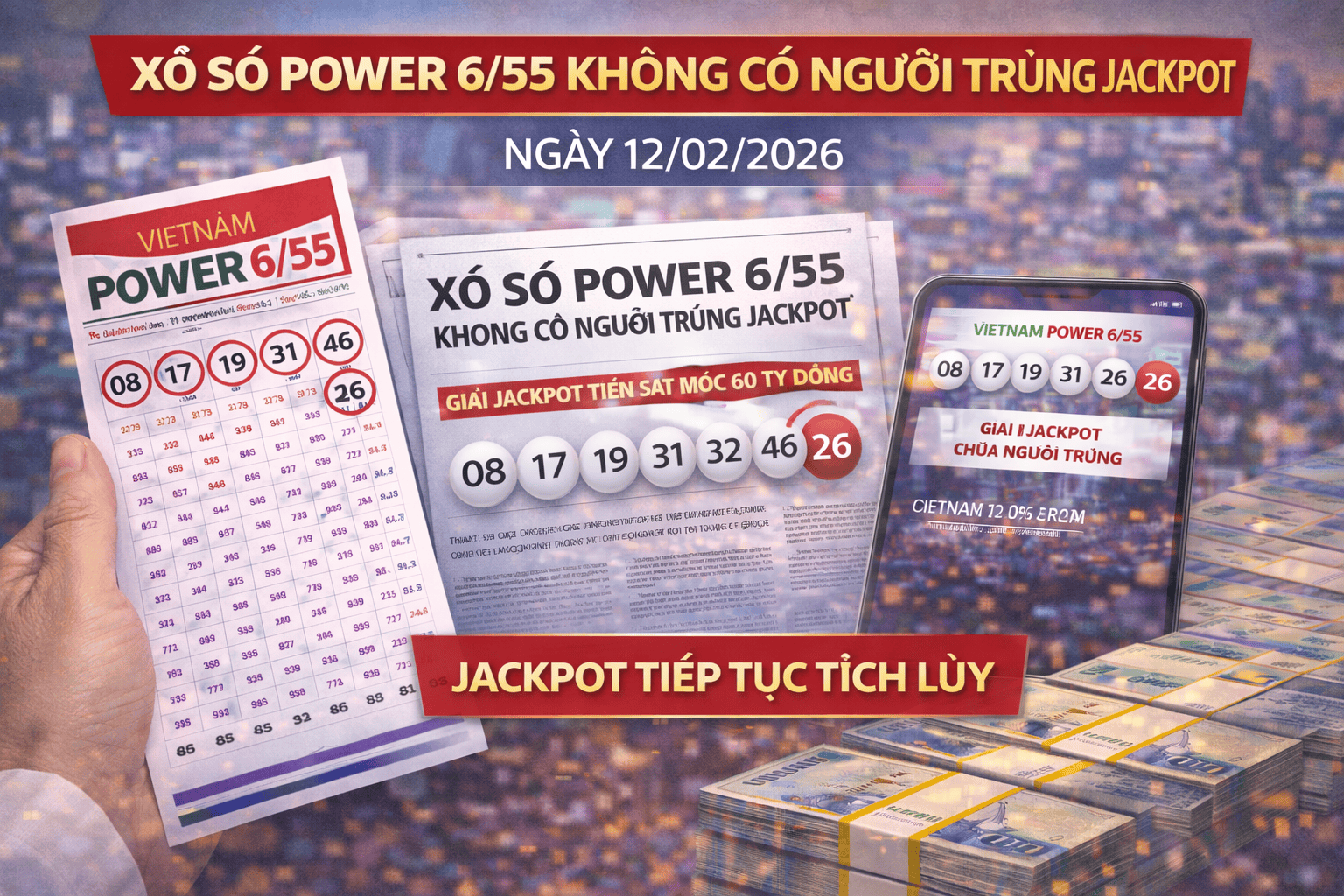 Kết quả xổ số Vietnam Power 6/55 ngày 12 tháng 2 năm 2026: Không có người trúng giải độc đắc.