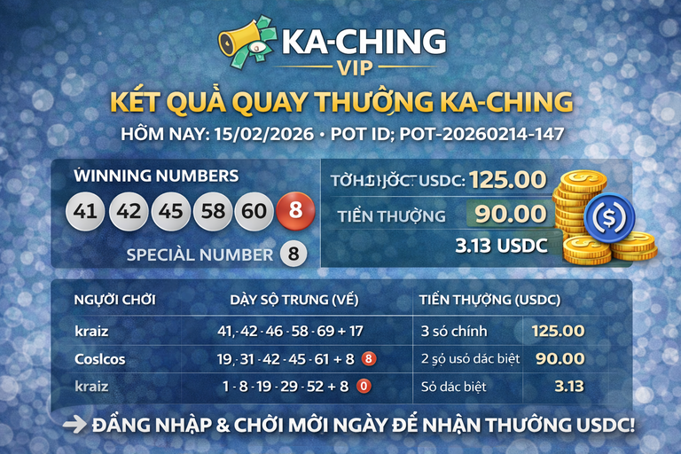 Kết quả xổ số KACHING hôm nay, ngày 15 tháng 2 năm 2026: Công bố các số trúng thưởng và người nhận giải USDC
