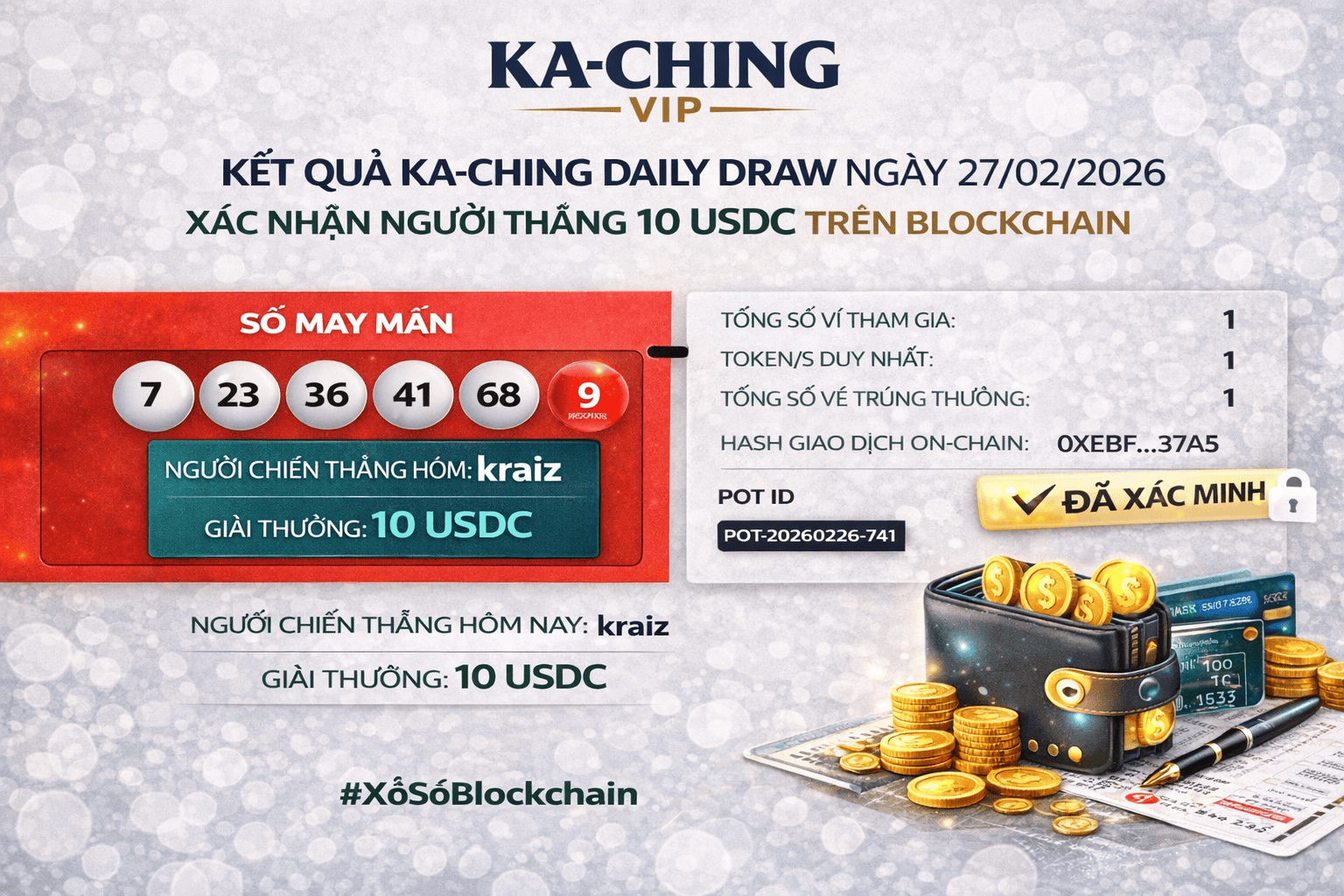Kết quả xổ số KACHING hàng ngày (27/2/2026): Công bố 10 người trúng giải USDC