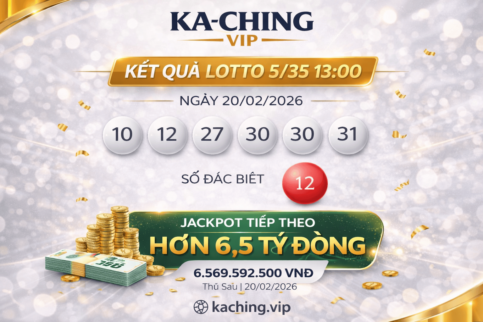 Kết quả xổ số Việt Nam Lotto 5/35 lúc 13:00 ngày 20 tháng 2 năm 2026: Các số trúng thưởng và số đặc biệt đã được công bố.