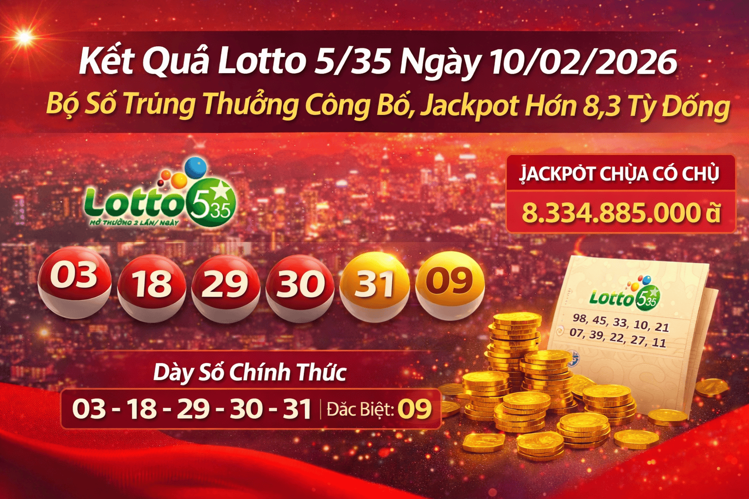 Kết quả xổ số Việt Nam Lotto 5/35 ngày 10 tháng 2 năm 2026: Công bố các số trúng thưởng