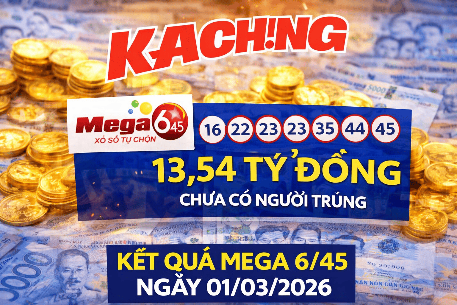 Kết quả xổ số Vietlott Mega 6 45 hôm nay, ngày 1 tháng 3: Công bố số trúng thưởng, không có người trúng giải độc đắc.