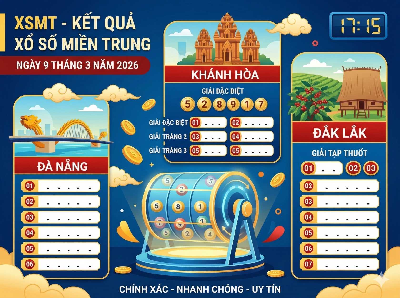 Kết quả xổ số XSMT miền Trung Việt Nam ngày 9 tháng 3: Danh sách trúng thưởng đầy đủ tại Huế và Phú Yên.