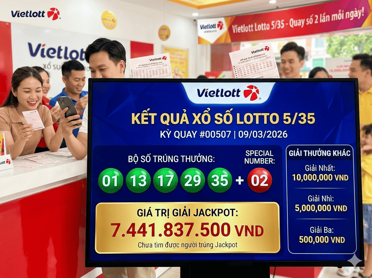 Kết Quả Vietlott Lotto 5/35 Ngày 9 Tháng 3 Năm 2026: Công Bố Dãy Số Trúng Thưởng Khi Jackpot Đạt 7,44 Tỷ VND